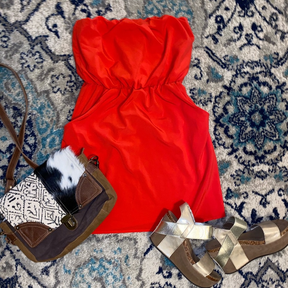 Red strapless mini dress